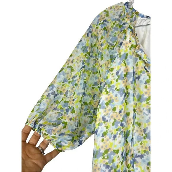 A&F Floral Sheer Tunic Blouse Small Multicolor Puff Short Sleeve Tie Front Lined - Picture 3 of 6